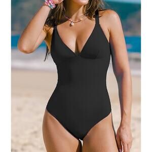 Cupshe Plunge Front One Piece Cross Back Swimsuit Black XL